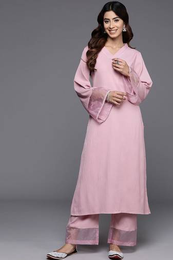 Pink Flared Sleeve Organza detailed Solid Kurta & Palazzo
