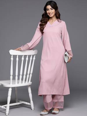 Pink Flared Sleeve Organza detailed Solid Kurta & Palazzo 6