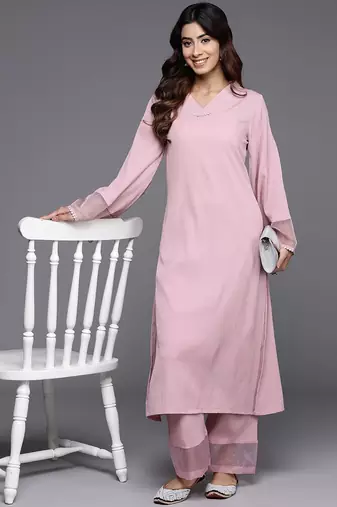 Pink Flared Sleeve Organza detailed Solid Kurta & Palazzo