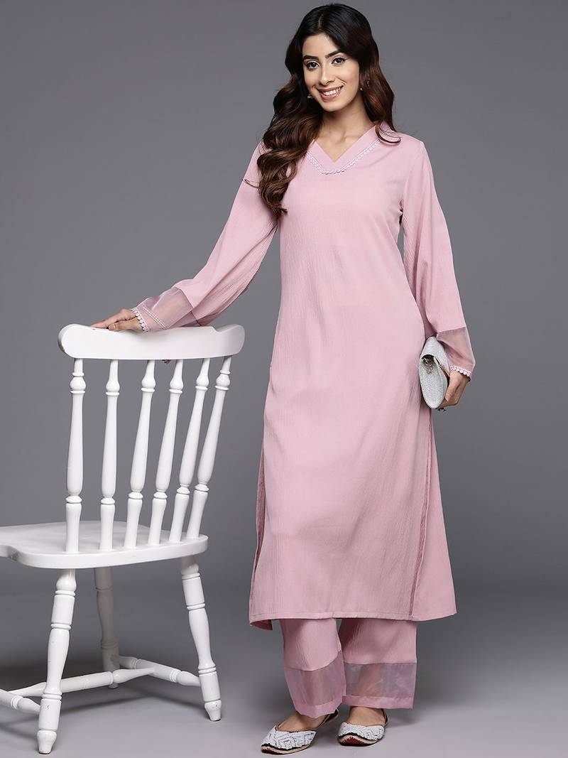 Pink Flared Sleeve Organza detailed Solid Kurta & Palazzo