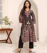 Floral Printed V-Neck A-Line Chanderi Straight Kurta with Trousers