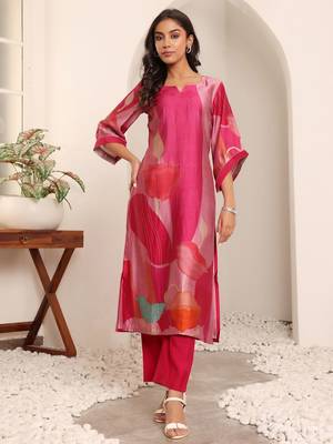 Abstract Printed Notch Neck Chanderi Straight Kurta With Trousers 6