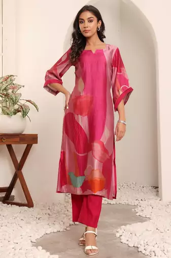 Abstract Printed Notch Neck Chanderi Straight Kurta With Trousers