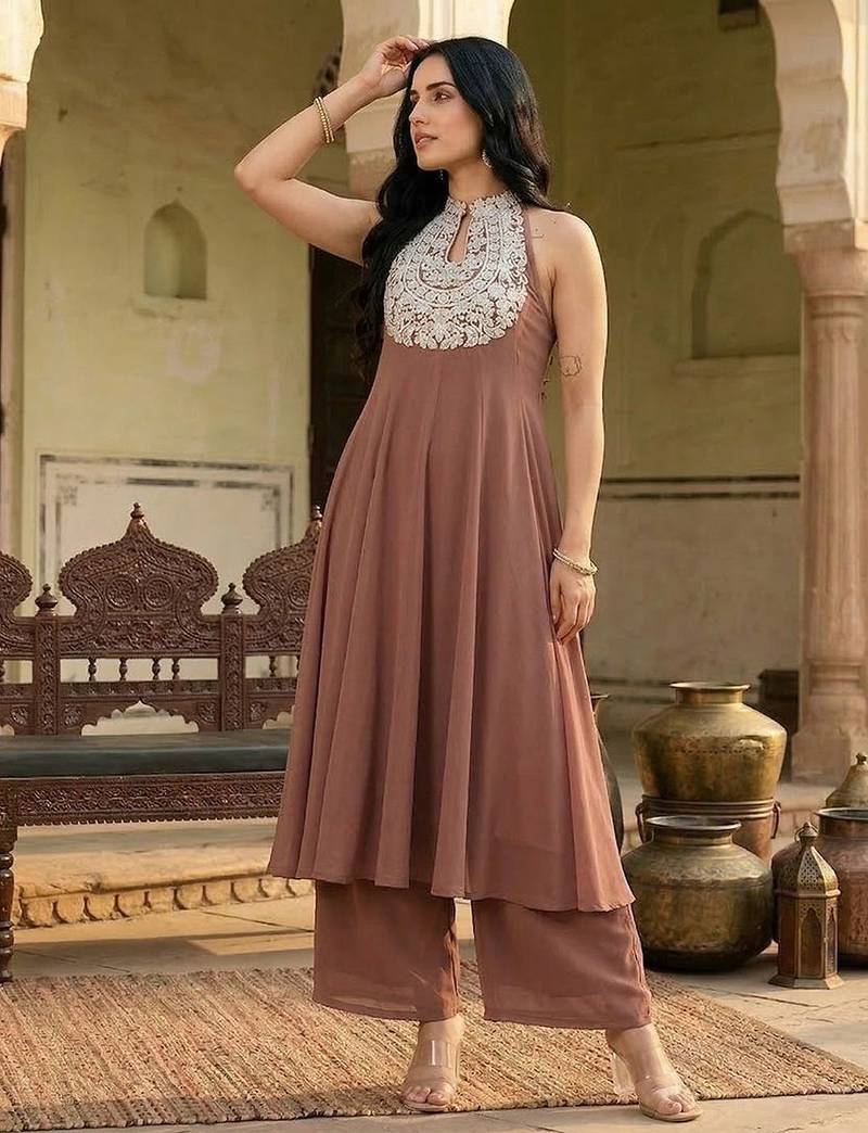Floral Embroidered Panelled Georgette Anarkali Kurta With Trouser