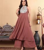 Ethnic Motifs Yoke Design Panelled Thread Work Anarkali Kurta with Trousers