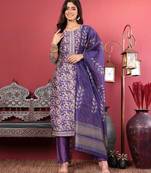 Purple Floral Printed Beads and Stones Chanderi Kurta with Trousers & Dupatta
