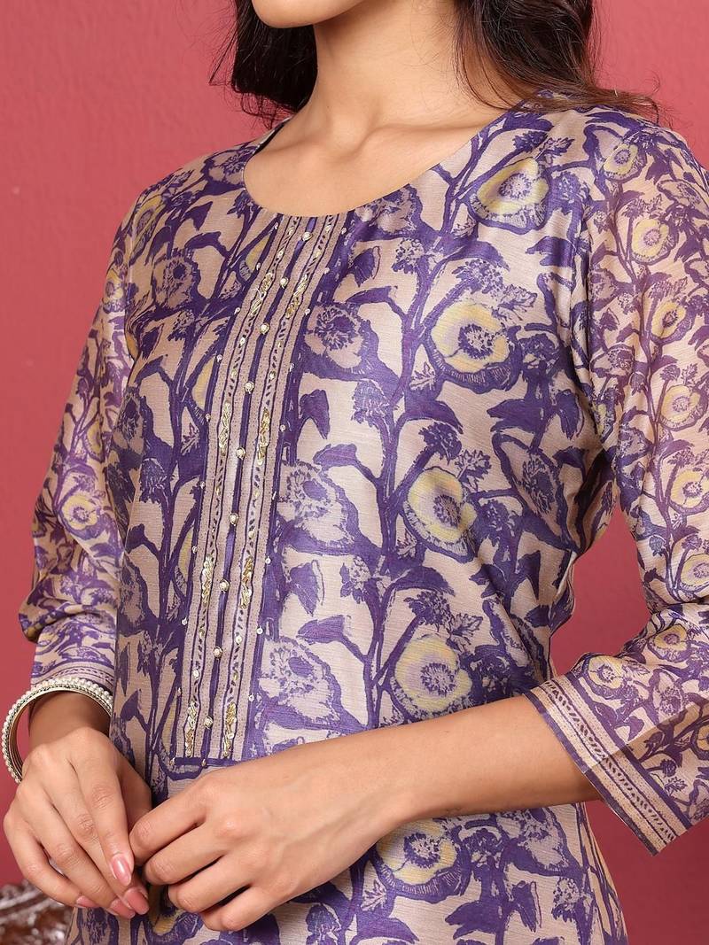 Purple Floral Printed Beads and Stones Chanderi Kurta with Trousers & Dupatta