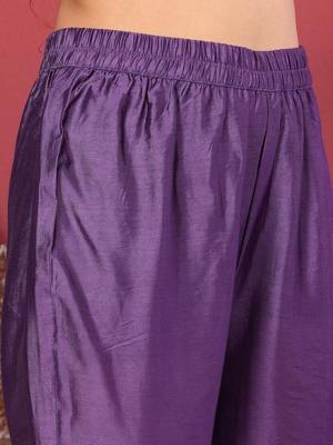 Purple Floral Printed Beads and Stones Chanderi Kurta with Trousers & Dupatta 4
