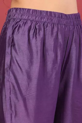 Purple Floral Printed Beads and Stones Chanderi Kurta with Trousers & Dupatta