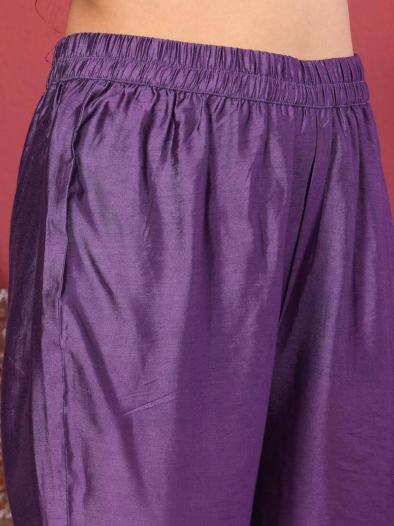 Purple Floral Printed Beads and Stones Chanderi Kurta with Trousers & Dupatta