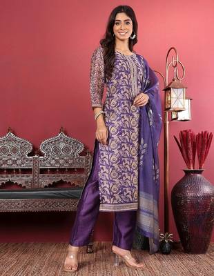 Purple Floral Printed Beads and Stones Chanderi Kurta with Trousers & Dupatta 5