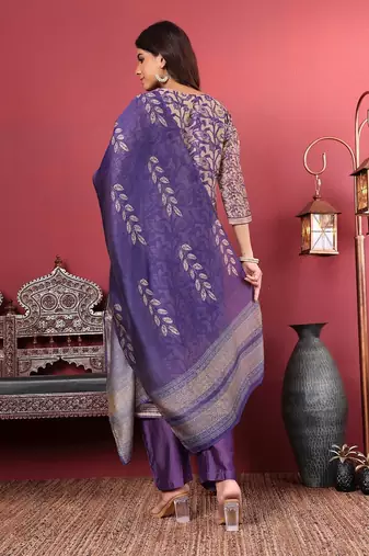 Purple Floral Printed Beads and Stones Chanderi Kurta with Trousers & Dupatta