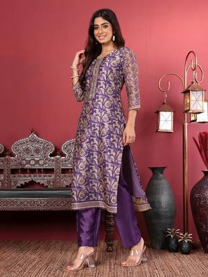 Purple Floral Printed Beads and Stones Chanderi Kurta with Trousers & Dupatta 7
