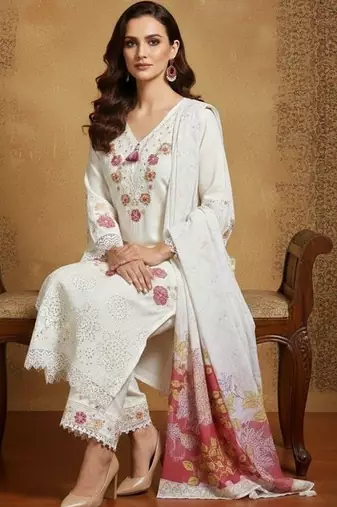 Women Floral Embroidered Regular Thread Work Pure Cotton Kurta with Palazzos & With Dupatta