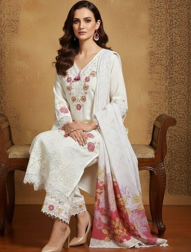 Women Floral Embroidered Regular Thread Work Pure Cotton Kurta with Palazzos & With Dupatta