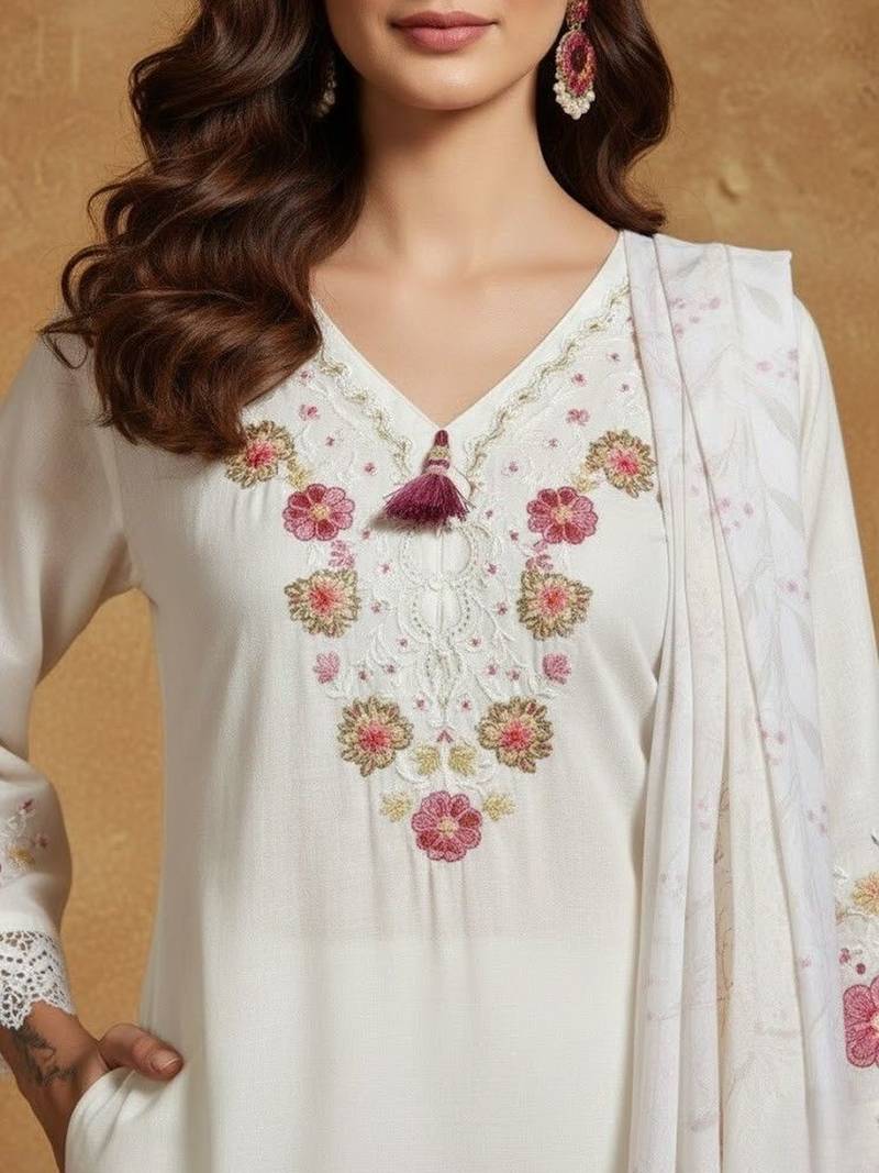 Women Floral Embroidered Regular Thread Work Pure Cotton Kurta with Palazzos & With Dupatta