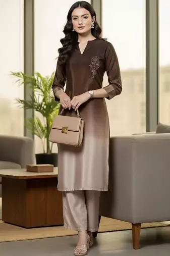 Women Ombre Dyed Regular Thread Work Kurta with Trousers