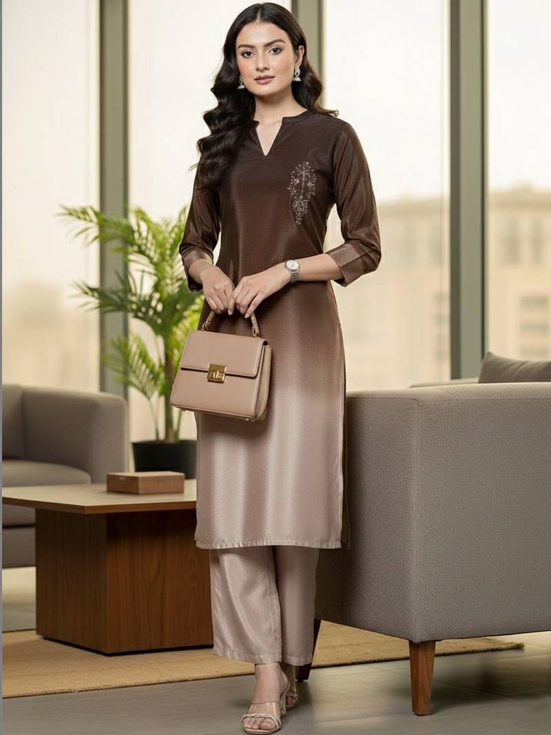 Women Ombre Dyed Regular Thread Work Kurta with Trousers