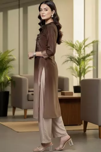 Women Ombre Dyed Regular Thread Work Kurta with Trousers