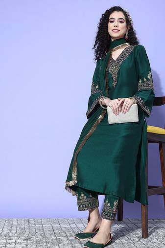 Green Zari Embroidered Flared Sleeves Kurta with Trouser & Dupatta