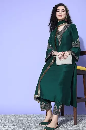 Green Zari Embroidered Flared Sleeves Kurta with Trouser & Dupatta