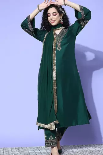 Green Zari Embroidered Flared Sleeves Kurta with Trouser & Dupatta