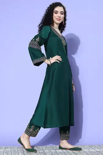 Green Zari Embroidered Flared Sleeves Kurta with Trouser & Dupatta