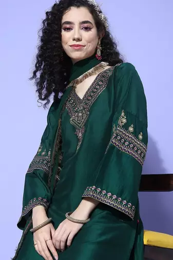 Green Zari Embroidered Flared Sleeves Kurta with Trouser & Dupatta