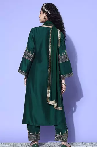 Green Zari Embroidered Flared Sleeves Kurta with Trouser & Dupatta