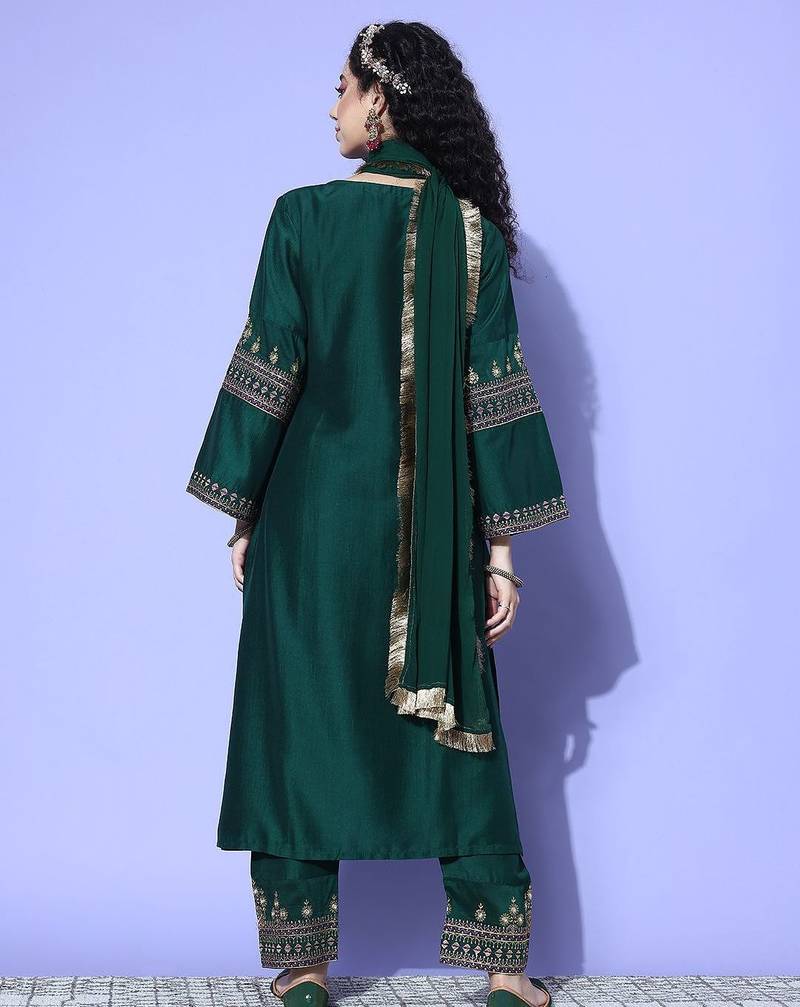 Green Zari Embroidered Flared Sleeves Kurta with Trouser & Dupatta