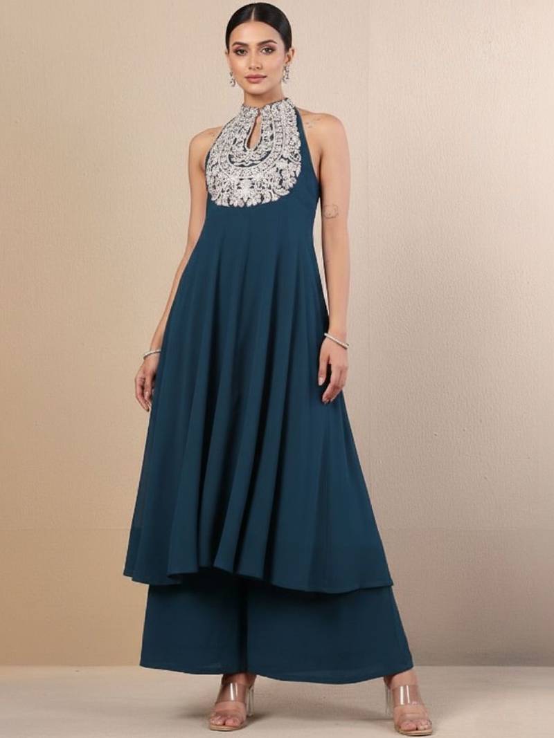 Women Ethnic Motifs Embroidered Panelled Thread Work Georgette Kurta with Palazzos