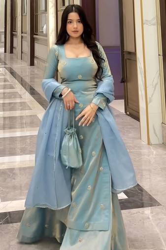 Blue fandy silk blend sequins kurta palazzo set with dupatta