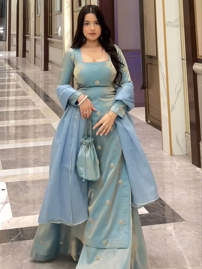 Blue fandy silk blend sequins kurta palazzo set with dupatta