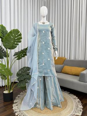 Blue fandy silk blend sequins kurta palazzo set with dupatta 2