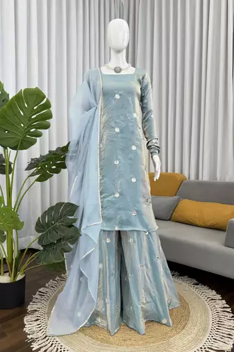 Blue fandy silk blend sequins kurta palazzo set with dupatta