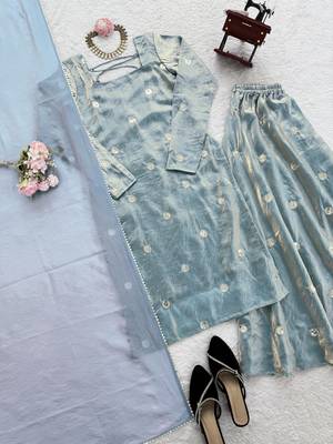 Blue fandy silk blend sequins kurta palazzo set with dupatta 3