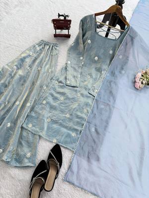 Blue fandy silk blend sequins kurta palazzo set with dupatta 4
