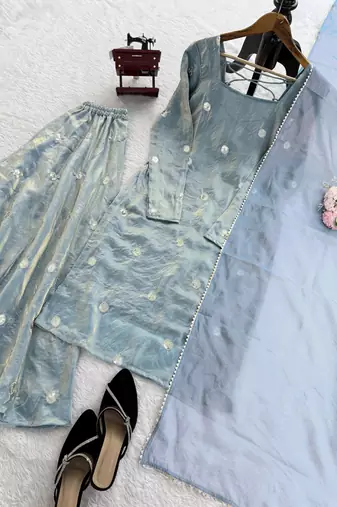 Blue fandy silk blend sequins kurta palazzo set with dupatta