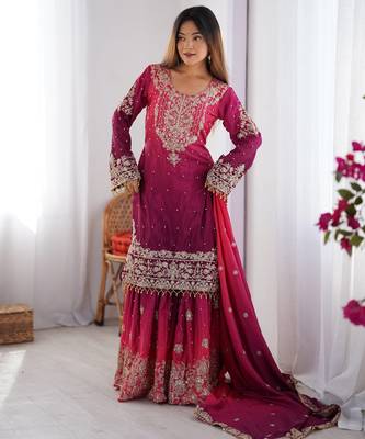 Rani pink chinon silk blend palazzo suit with dori & sequins work 1