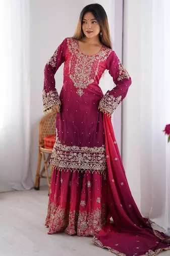 Rani pink chinon silk blend palazzo suit with dori & sequins work