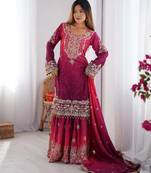 Rani pink chinon silk blend palazzo suit with dori & sequins work