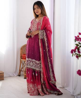 Rani pink chinon silk blend palazzo suit with dori & sequins work 2