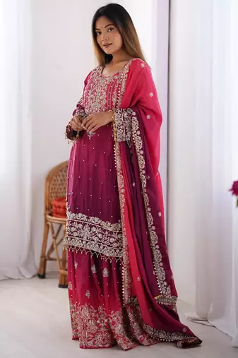 Rani pink chinon silk blend palazzo suit with dori & sequins work
