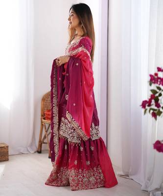 Rani pink chinon silk blend palazzo suit with dori & sequins work 3