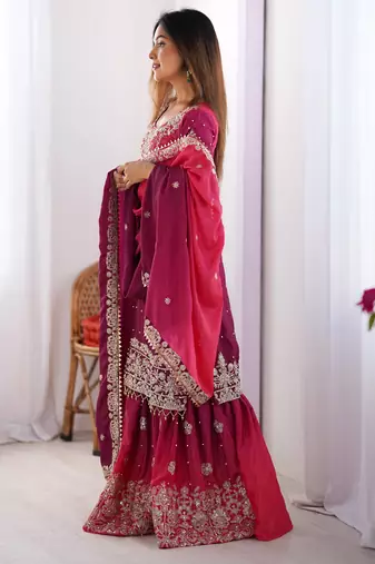 Rani pink chinon silk blend palazzo suit with dori & sequins work