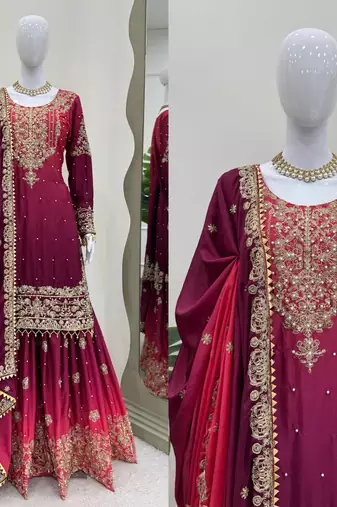 Rani pink chinon silk blend palazzo suit with dori & sequins work
