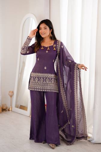 PURPLE  crunchy silk blend embroidered bell bottom suit set