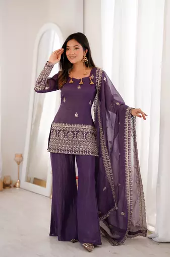 PURPLE  crunchy silk blend embroidered bell bottom suit set