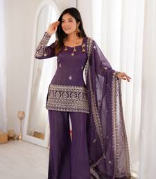PURPLE  crunchy silk blend embroidered bell bottom suit set