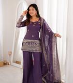 PURPLE  crunchy silk blend embroidered bell bottom suit set